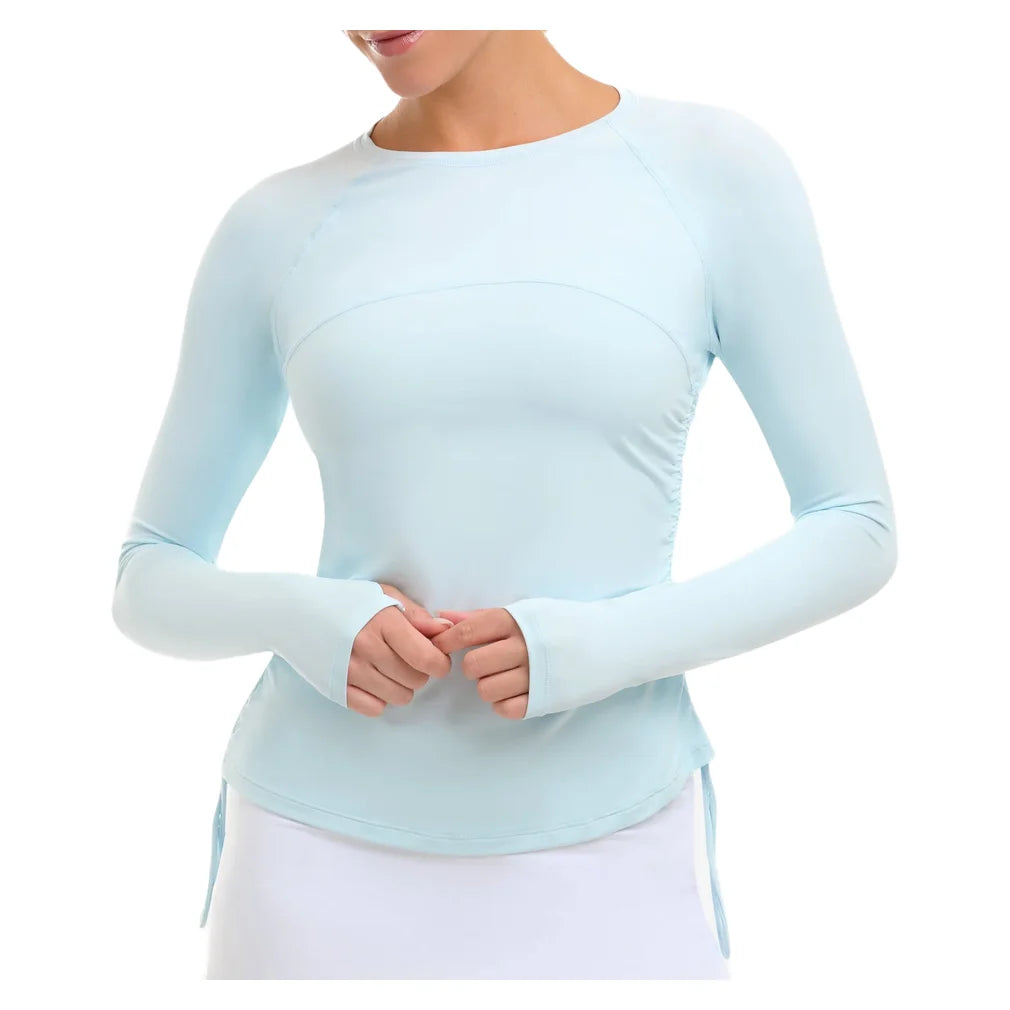 Women's Drawstring Long Sleeve Crew Ice Blue, BloqUV, Ice Blue, Pickleball Express, 2006-IBLF26-ICE-BLUE-1