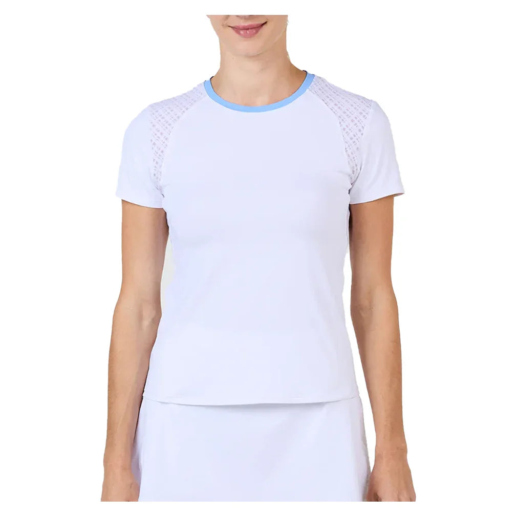 Women`s Short Sleeve Tennis Top White and Periwinkle