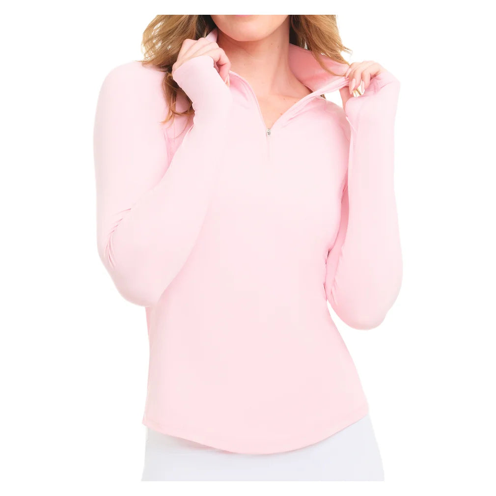 Women's Mock Zip Long Sleeve Top Tickle Me Pink, BloqUV, Pickleball Express, 3100-TMPF26-2