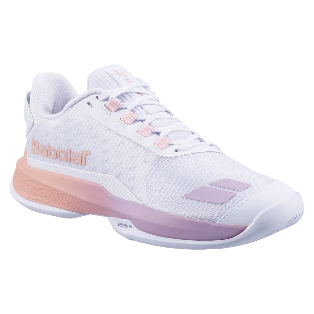 Women's Premium Jet Tere 2 All Court Tennis Shoes White and Sunset, Babolat, White/Sunset, Pickleball Express, 31F26975C-1120F26-WHITE-SUNSET-1