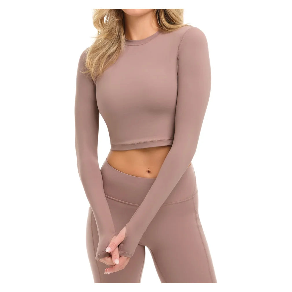 Women's Everyday Long Sleeve Crop Top Mocha, BloqUV, Pickleball Express, 4015-MCHF26-1