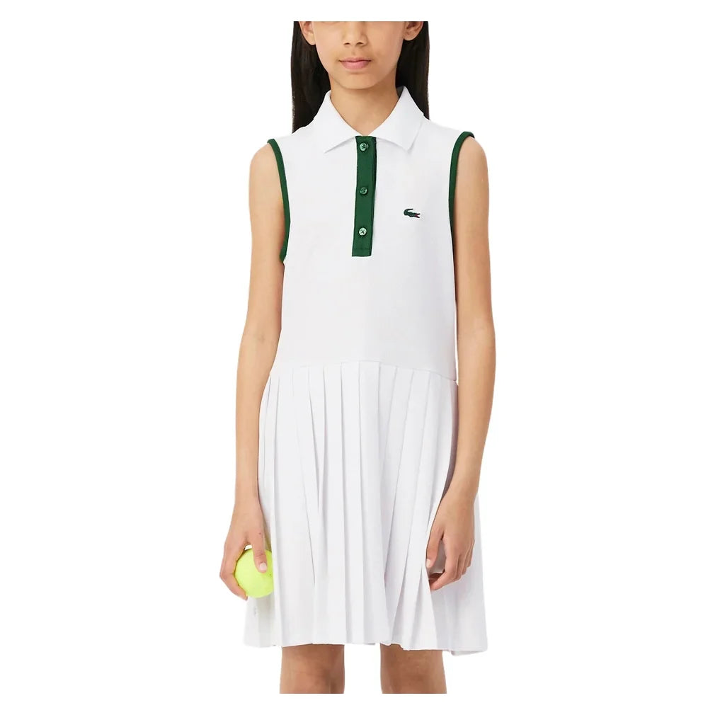 Girls' Sport Pique Tennis Dress, Lacoste, W8L White, Tennis Express, 447898-F26-W8L-WHITE-1