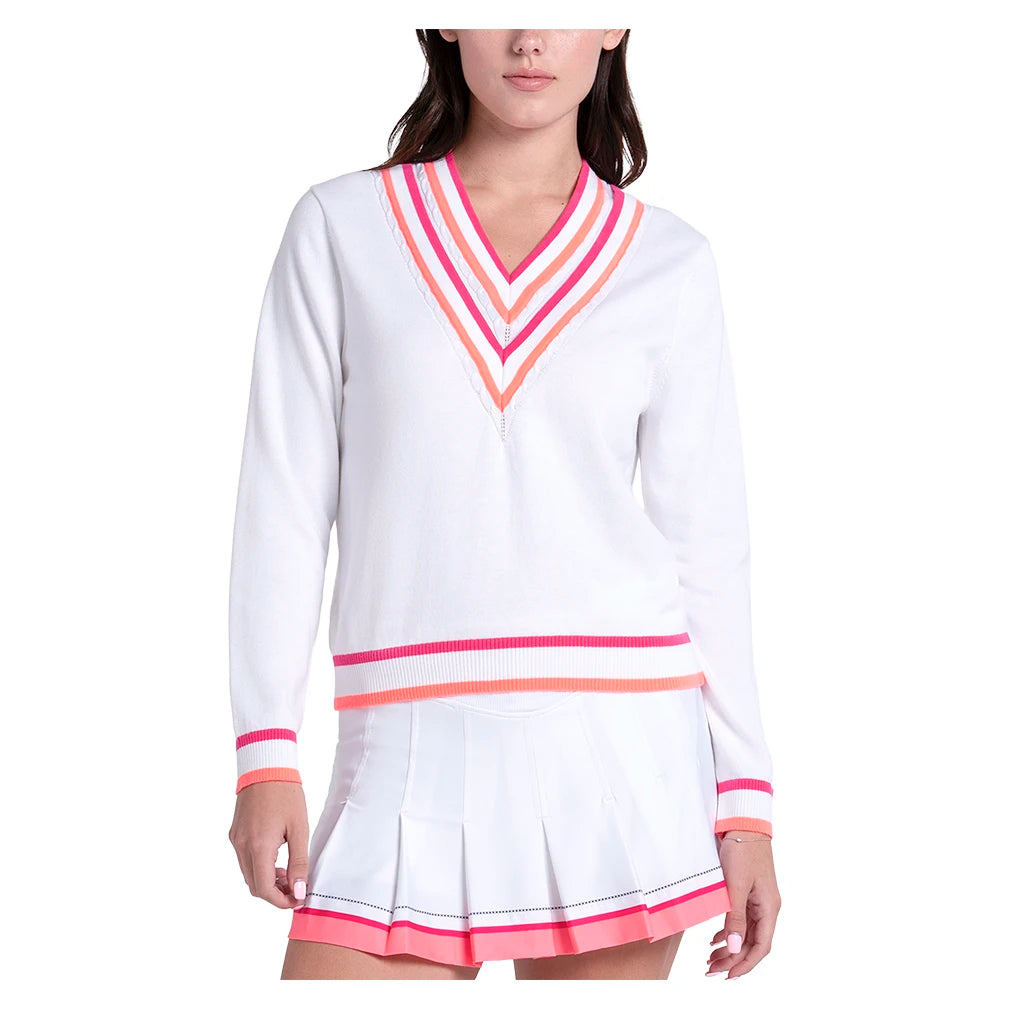 Women's Victory V-Neck Sweater White and Shocking Pink