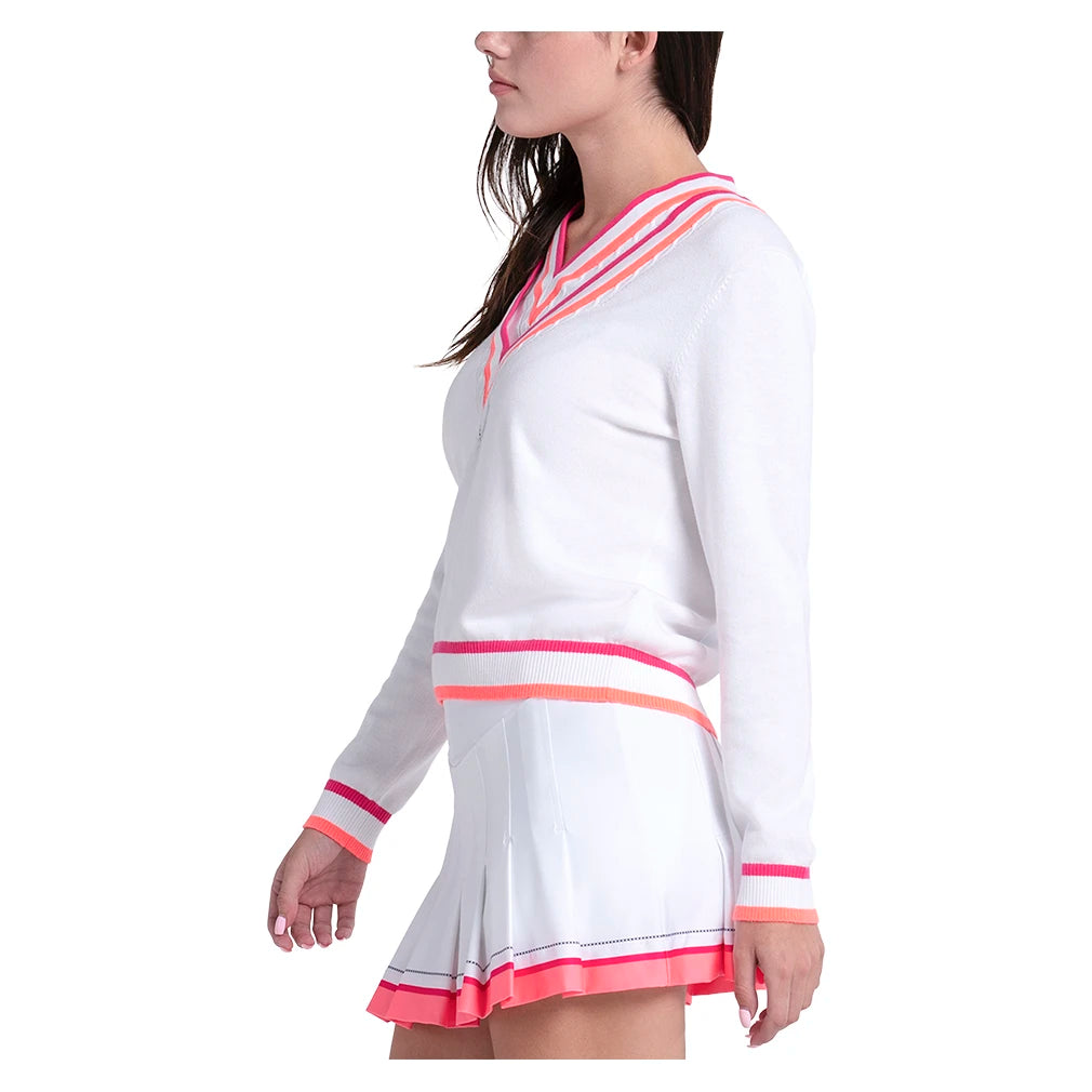 Women's Victory V-Neck Sweater White and Shocking Pink