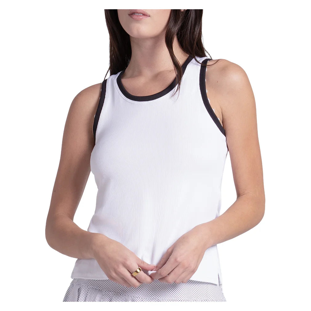 Women's Ace The Rib Tank White and Black, Lucky In Love, White/Black, Pickleball Express, CX178-110-WHITE-BLACK-1