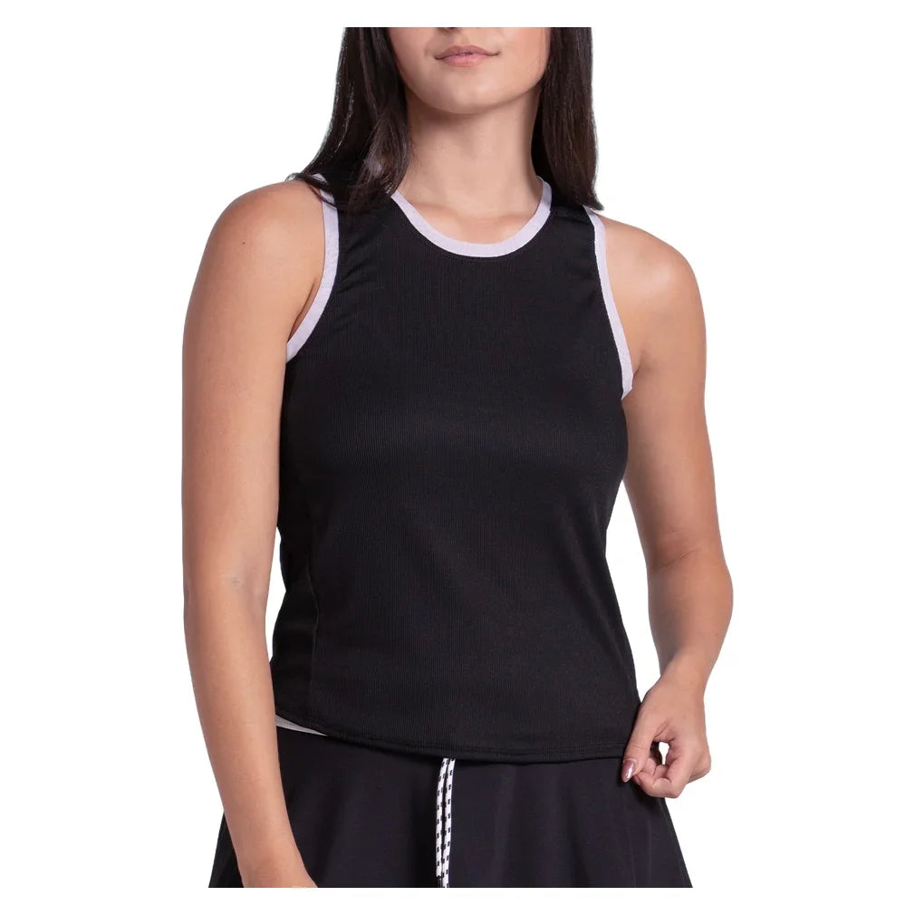 Women's Airplay Rib Tennis Tank Black and White, Lucky In Love, Black/White, Tennis Express, CX182-001-BLACK-WHITE-1