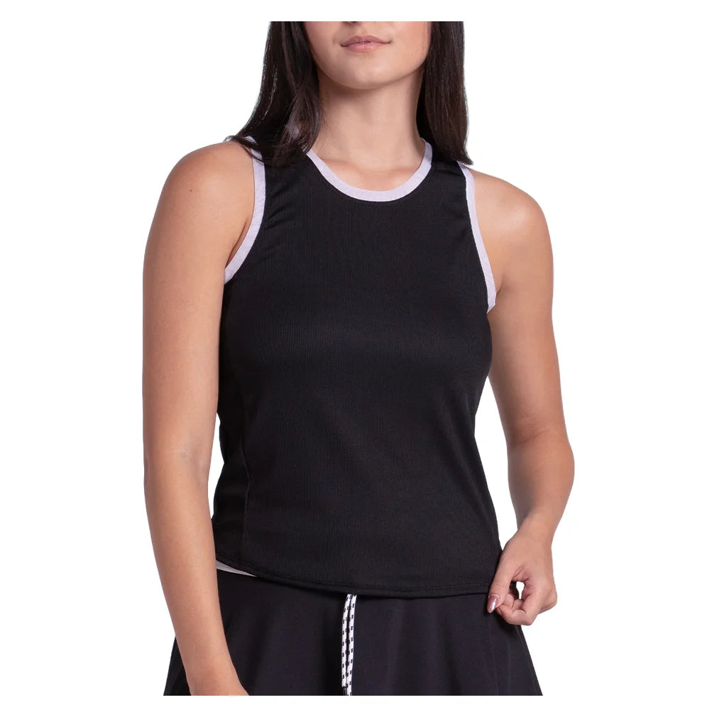 Women's Airplay Rib Tank Black and White, Lucky In Love, Black/White, Pickleball Express, CX182-001-BLACK-WHITE-1