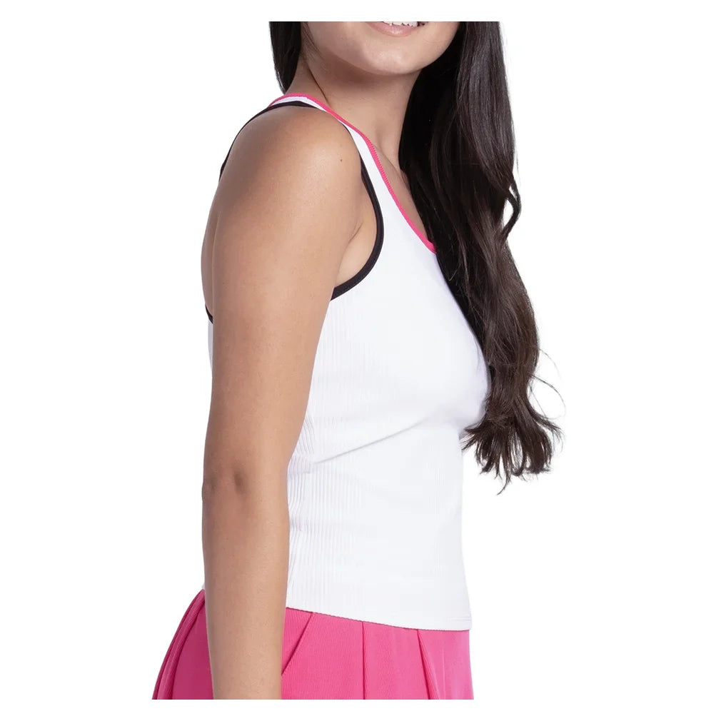 Women's Court Rib Racerback Tennis Tank White and Black, Lucky In Love, Tennis Express, CX186-121-2