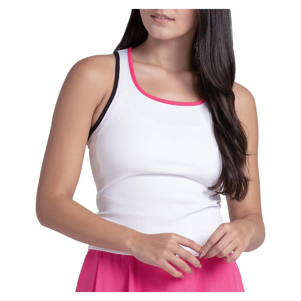 Women's Court Rib Racerback Tank White and Black, Lucky In Love, White/Black, Pickleball Express, CX186-121-WHITE-BLACK-1