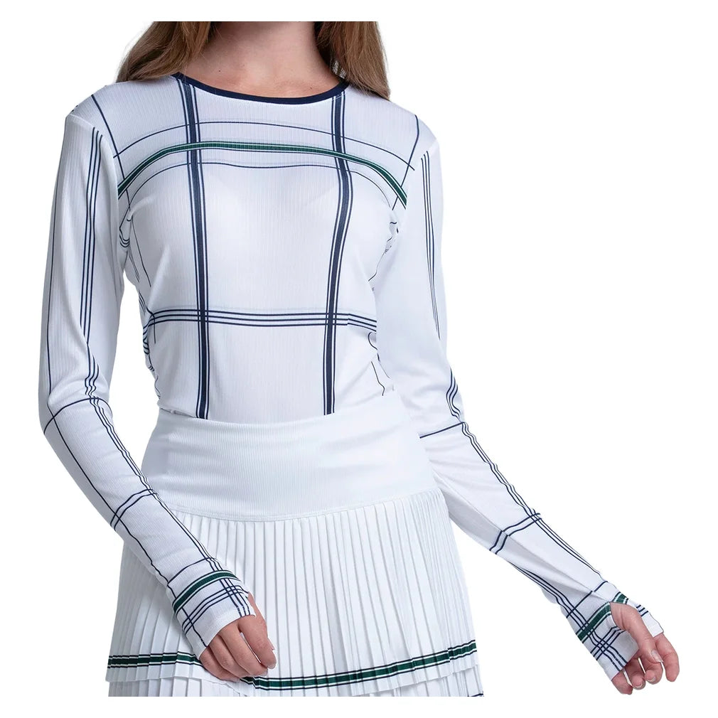 Women's Preppy Love Plaid Long Sleeve Top White, Lucky In Love, White, Pickleball Express, CX189-99G110-WHITE-1