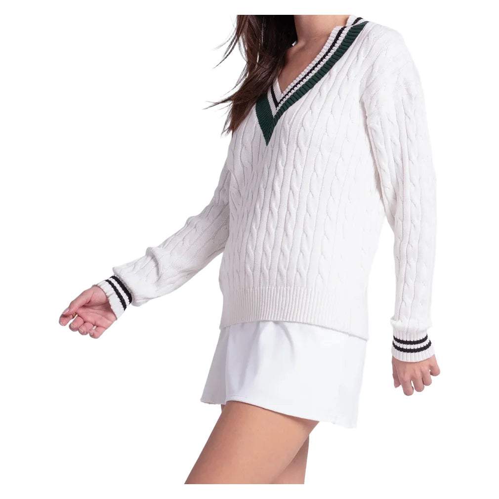 Women's Legacy Court Sweater White and Green, Lucky In Love, Pickleball Express, CX193-90G150-2