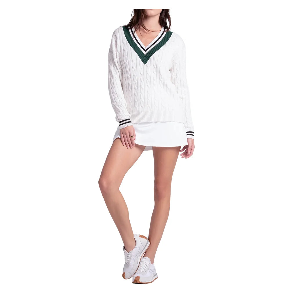Women's Legacy Court Sweater White and Green, Lucky In Love, Pickleball Express, CX193-90G150-3