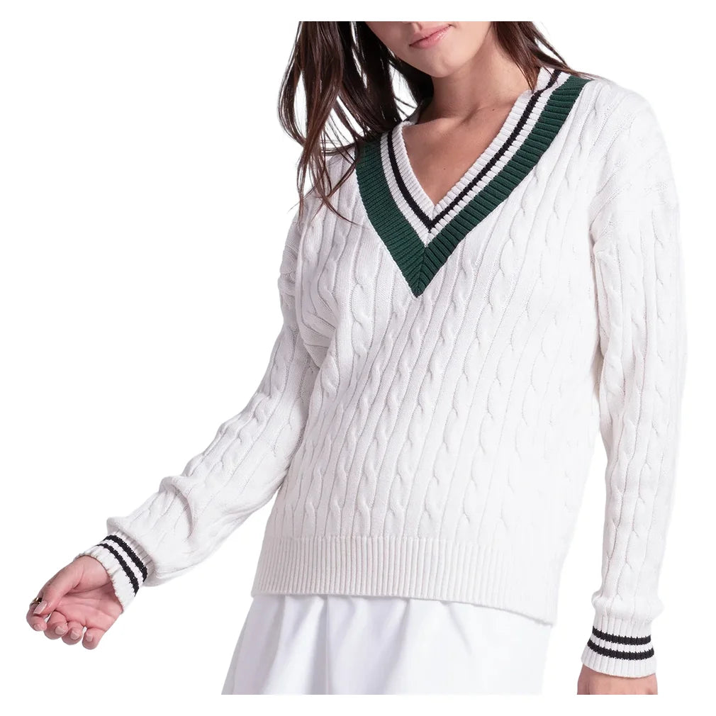 Women's Legacy Court Sweater White and Green, Lucky In Love, White/Team Green, Pickleball Express, CX193-90G150-WHITE-TEAM-GREEN-1
