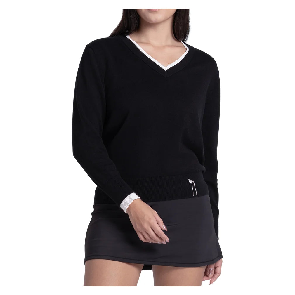 Women's Double V-Neck Sweater Black, Lucky In Love, Black, Pickleball Express, CX196-44J001-BLACK-1