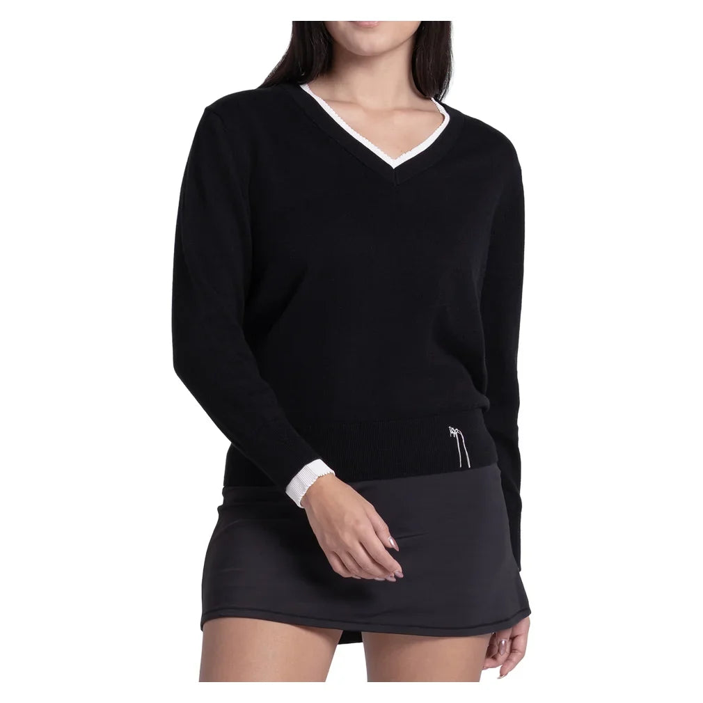 Women's Double V-Neck Tennis Sweater Black, Lucky In Love, Black, Tennis Express, CX196-44J001-BLACK-1