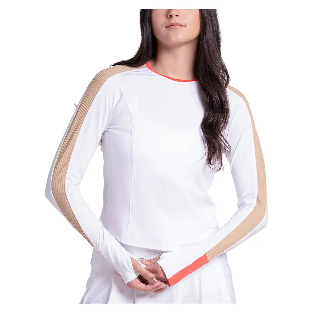 Women's Double Play Long Sleeve Top White and Camel