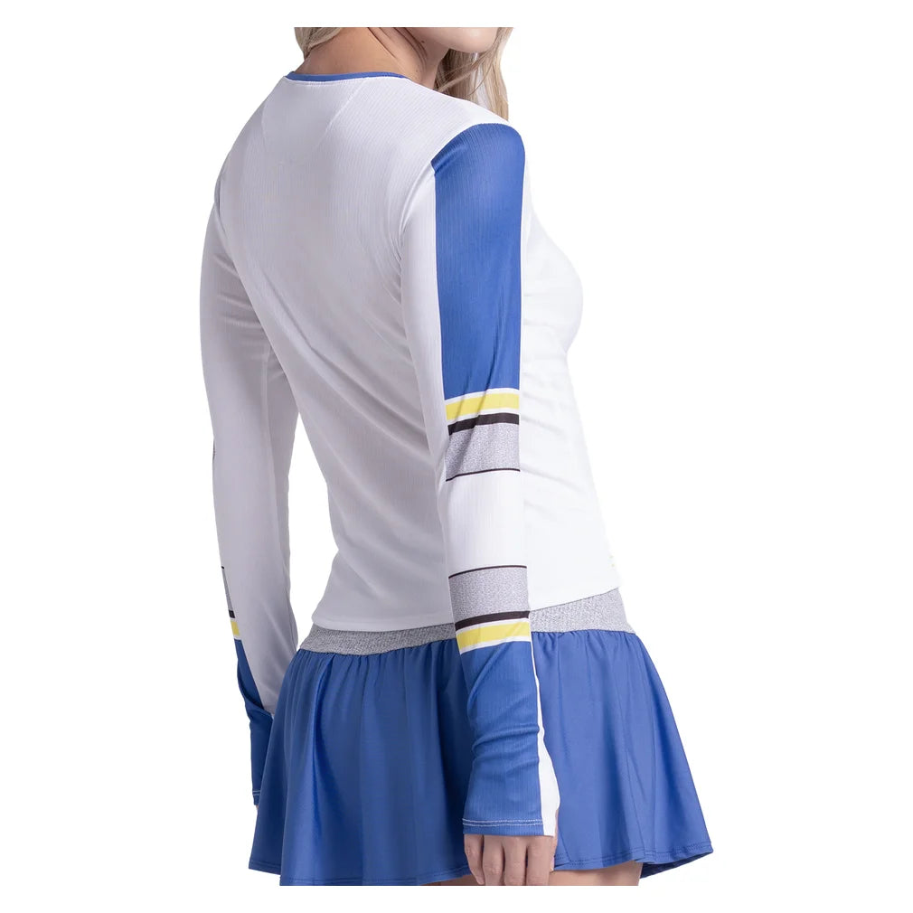 Women's Bold Statement Long Sleeve Top White and Parisian Blue, Lucky In Love, Pickleball Express, CX205-33H110-1