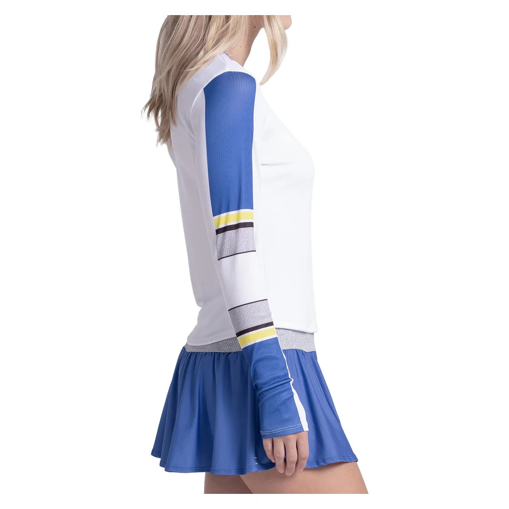 Women's Bold Statement Long Sleeve Top White and Parisian Blue, Lucky In Love, Pickleball Express, CX205-33H110-2