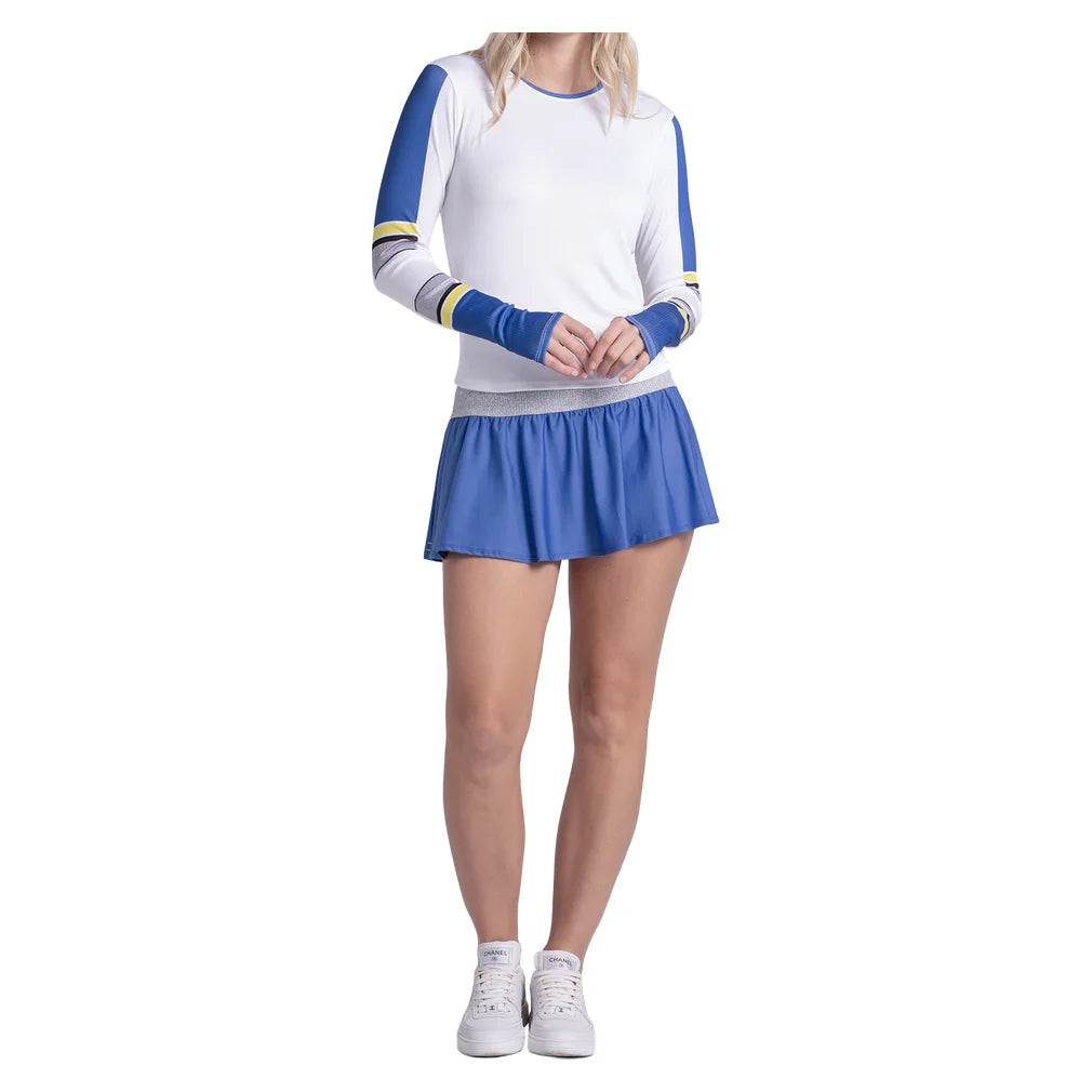 Women's Bold Statement Long Sleeve Top White and Parisian Blue, Lucky In Love, Pickleball Express, CX205-33H110-3