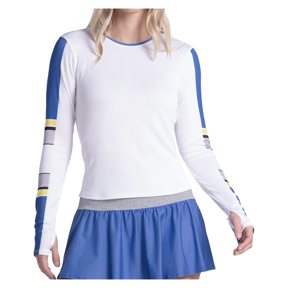 Women's Bold Statement Long Sleeve Top White and Parisian Blue, Lucky In Love, White/Parisian Blue, Pickleball Express, CX205-33H110-WHITE-PARISIAN-BLUE-1