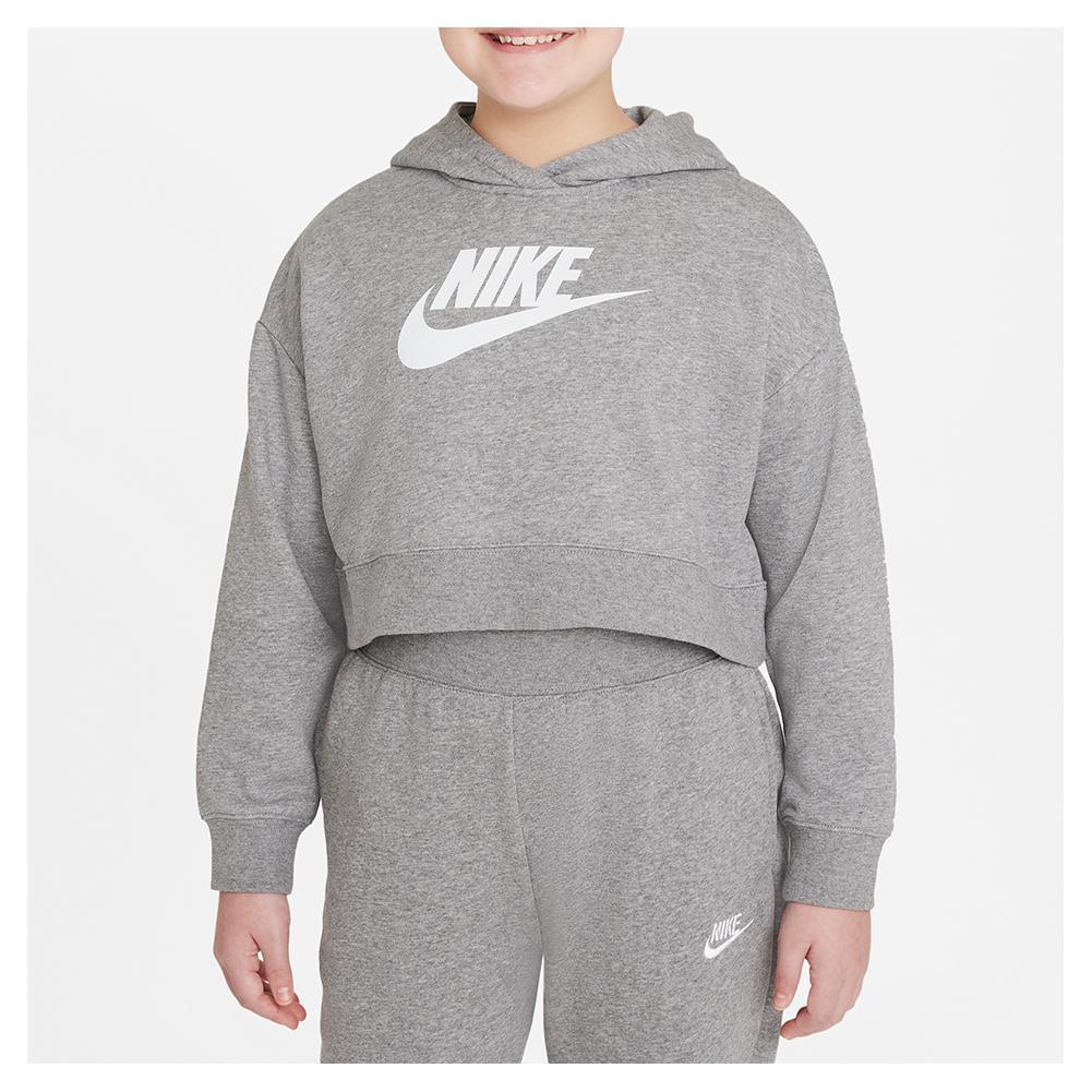 Girls' Sportswear Club French Terry Cropped Hoodie Carbon Heather and White