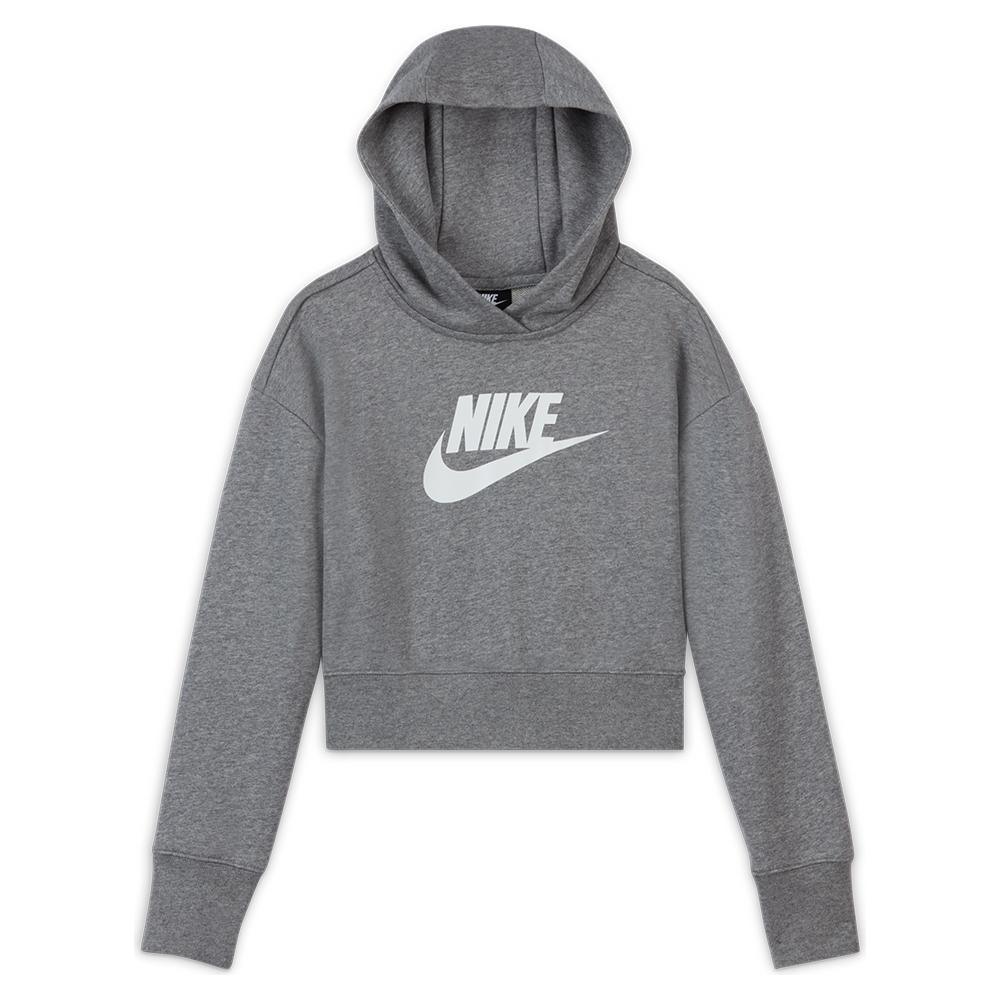 Girls' Sportswear Club French Terry Cropped Hoodie Carbon Heather and White
