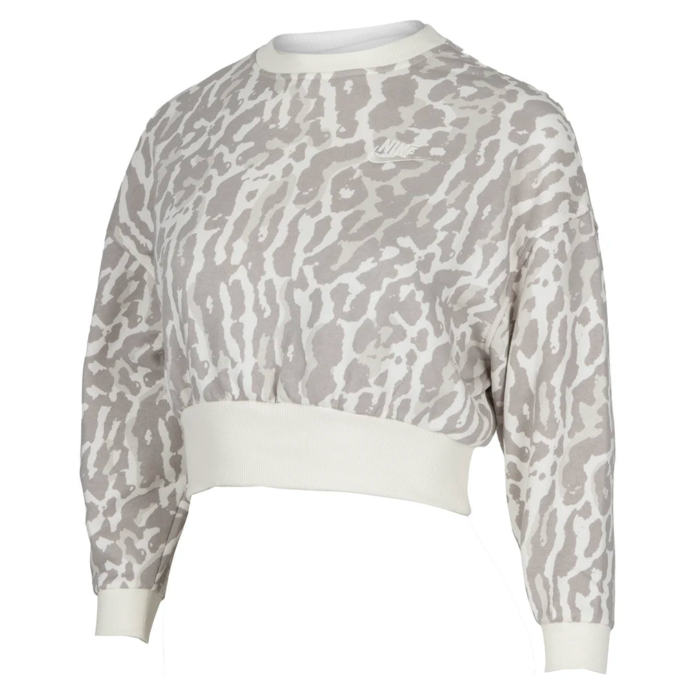 Girls' Sportswear Club Fleece Boxy Crew-Neck All Over Print Sweatshirt College Grey and Sail