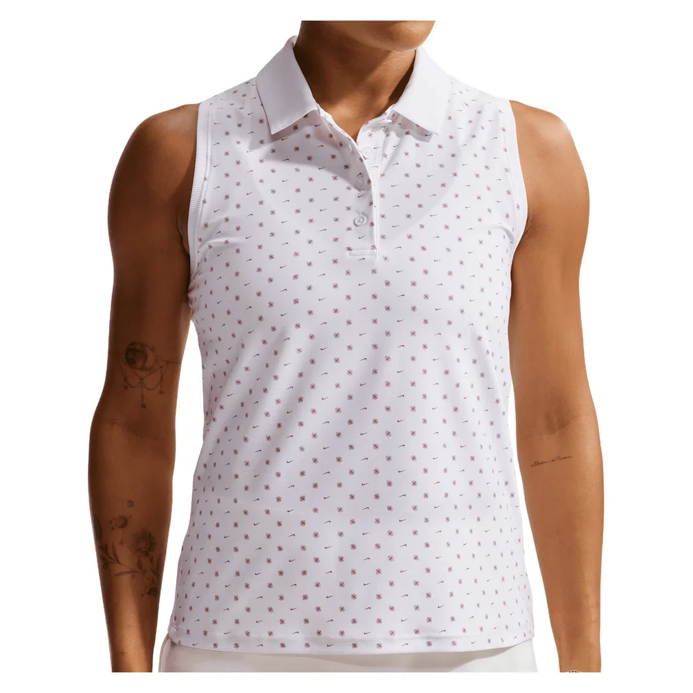 Women's Victory Dri-FIT Sleeveless Printed Polo White and Pink Foam, Nike, White/Pink Foam, Pickleball Express, IR0051-100H26-WHITE-PINK-FOAM-1