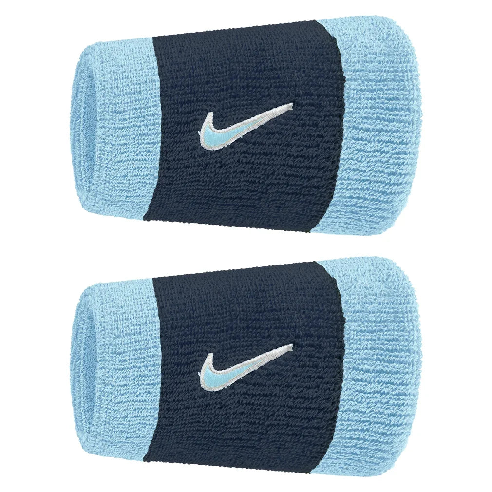 Swoosh Classic Doublewide Wristbands 2 Pack, Nike, 403 Aquarius Blue/College Navy, Tennis Express, N1012406-F26-403-AQUARIUS-BLUE-COLLEGE-NAVY-1
