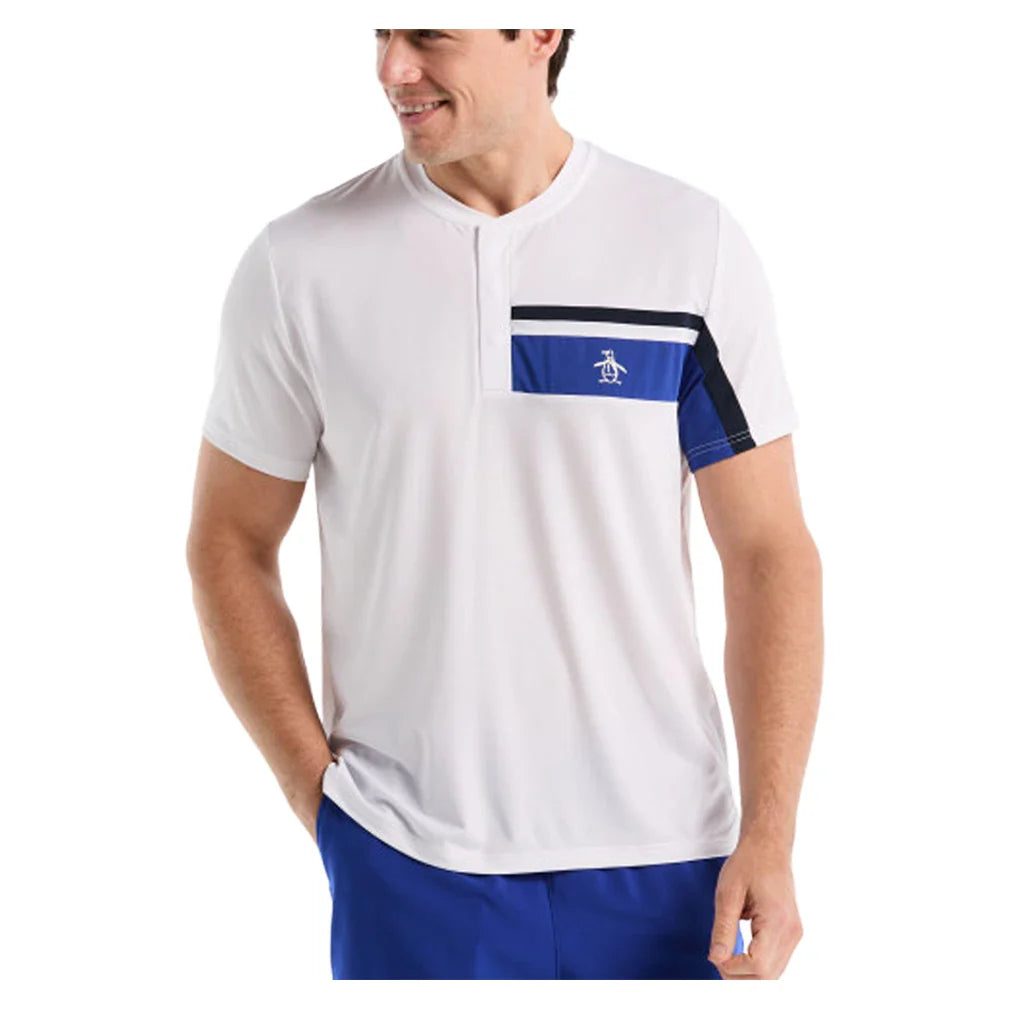 Men's Performance Chest Blocked 3 Snap Henley Tennis Polo Bright White