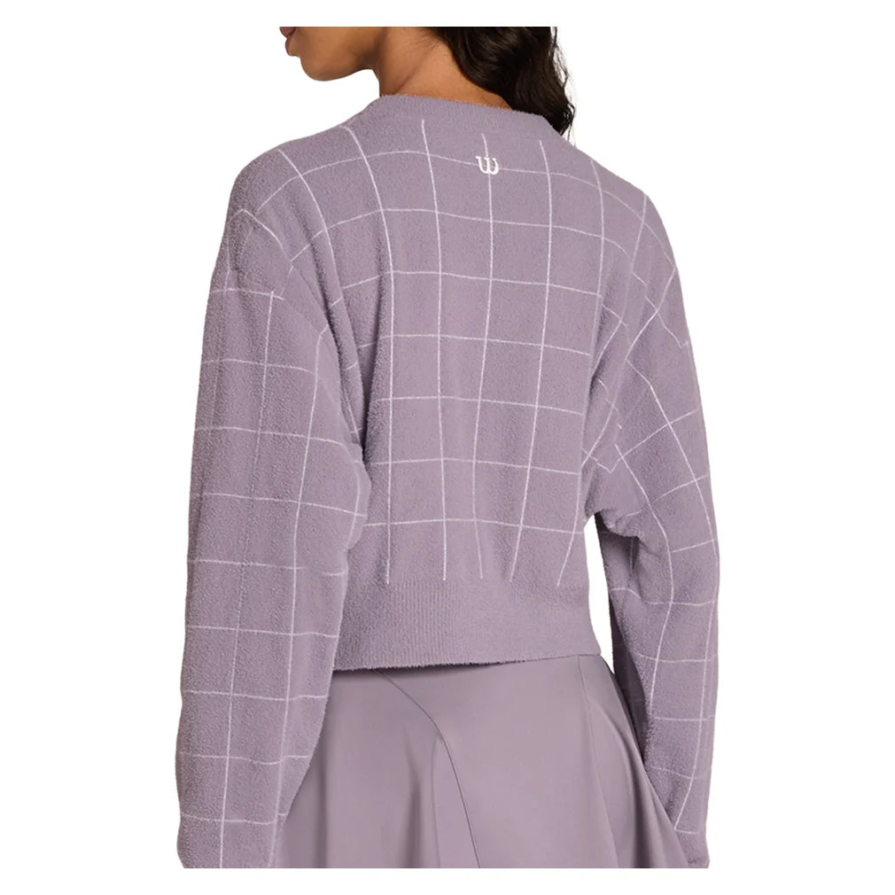 Women's Throwback Crop Plush Knit Cardigan Purple Ash Windowpane, Wilson, Pickleball Express, WE00359Z043001-F26-1