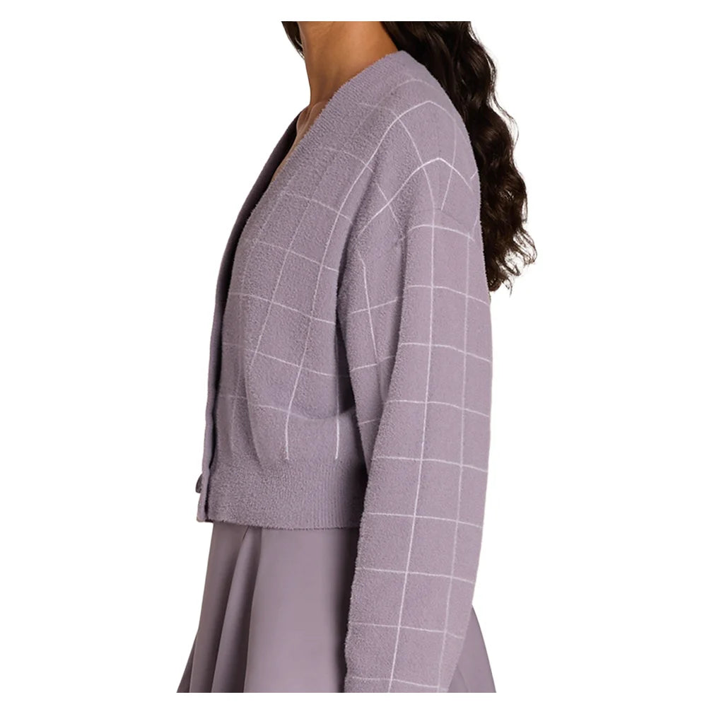 Women's Throwback Crop Plush Knit Cardigan Purple Ash Windowpane, Wilson, Pickleball Express, WE00359Z043001-F26-2
