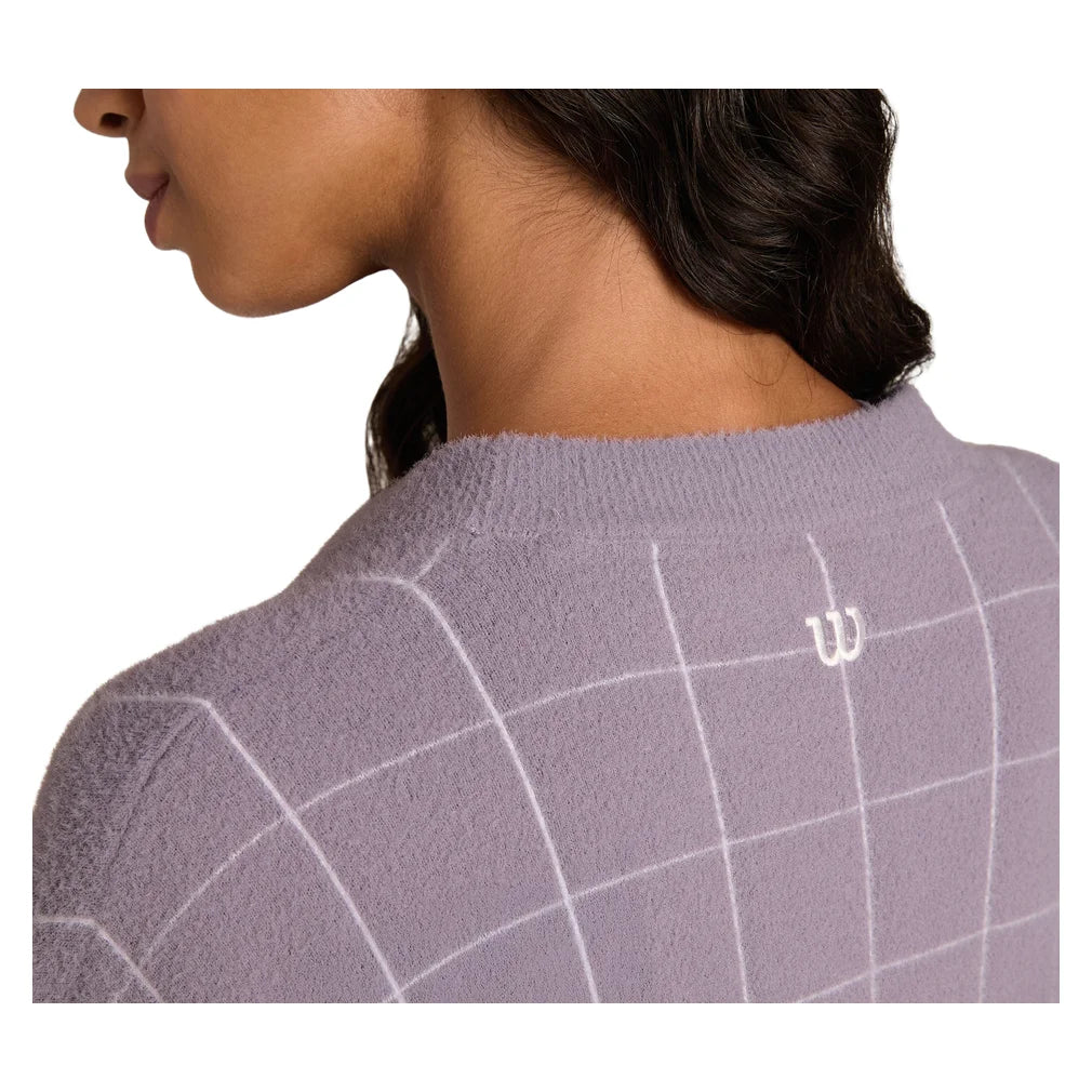 Women's Throwback Crop Plush Knit Cardigan Purple Ash Windowpane, Wilson, Pickleball Express, WE00359Z043001-F26-3