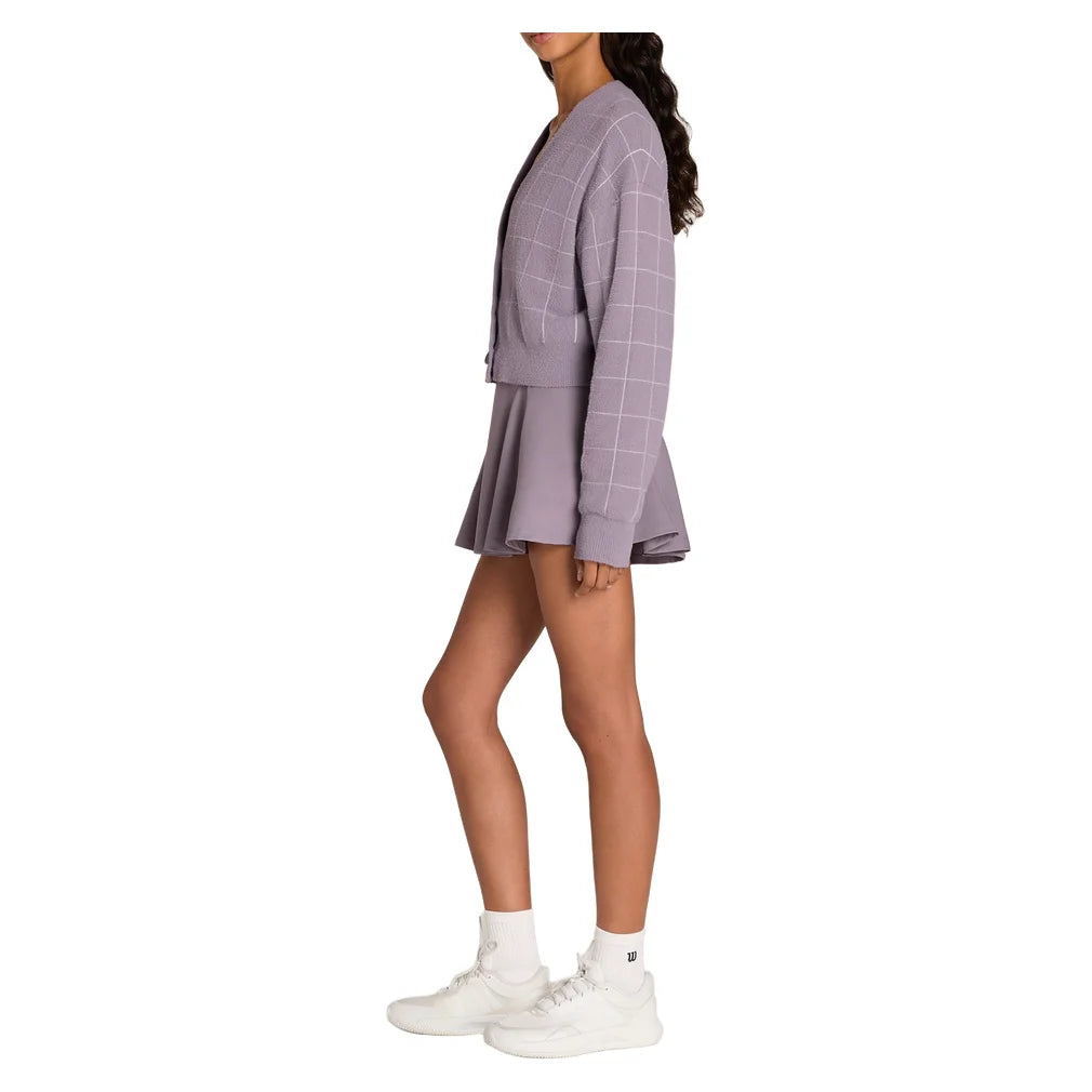 Women's Throwback Crop Plush Knit Cardigan Purple Ash Windowpane, Wilson, Pickleball Express, WE00359Z043001-F26-6