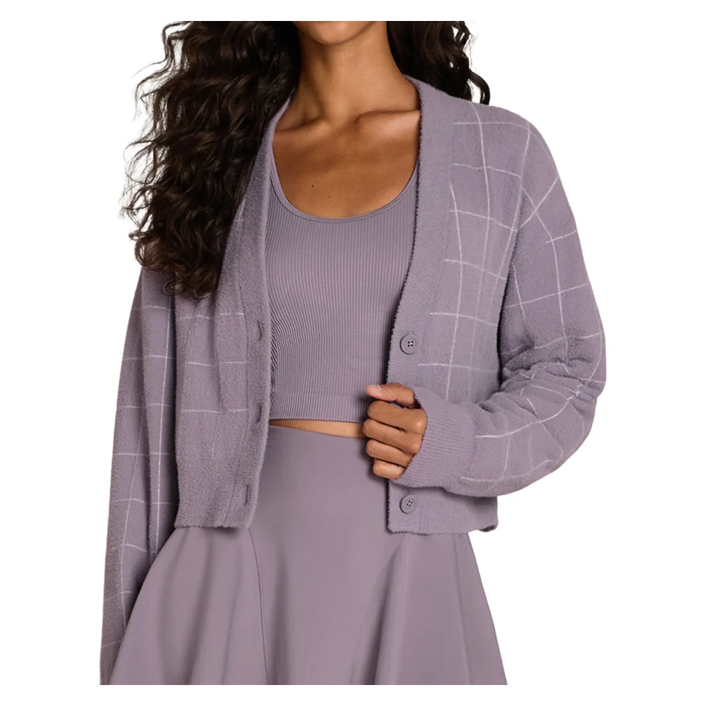 Women's Throwback Crop Plush Knit Cardigan Purple Ash Windowpane, Wilson, Purple Ash, Pickleball Express, WE00359Z043001-F26-PURPLE-ASH-1