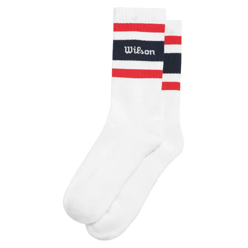 Unisex Crew Stripe Script Socks Bright White and Infrared